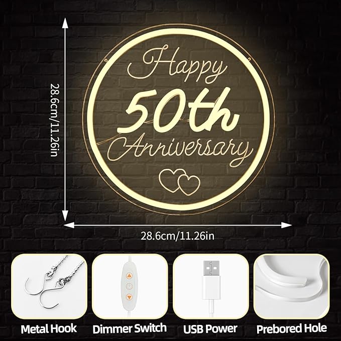 50th Anniversary Neon Sign Dimmable Happy Anniversary Sign Wedding Anniversary Decorations Led Sign Best 50th Gifts for Parents Couples(11.26")