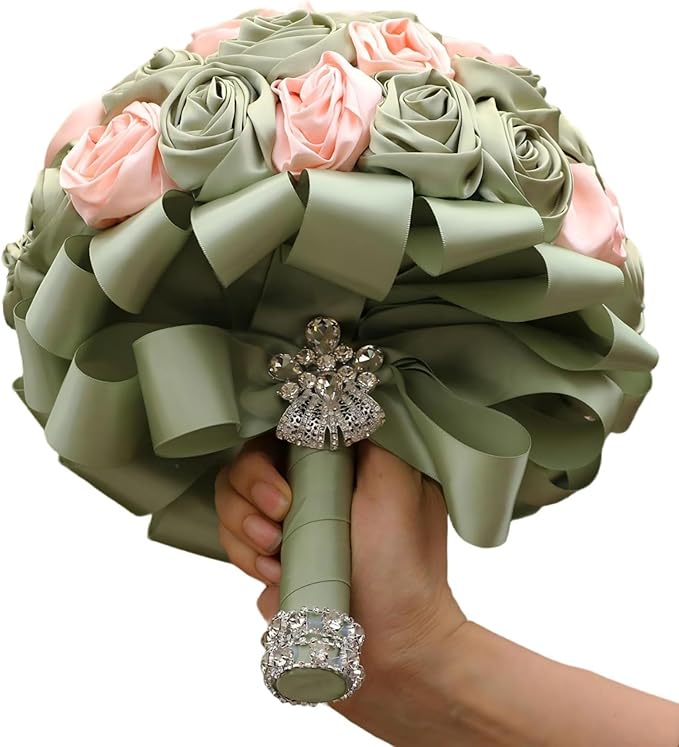 Handmade Wedding Bridal Bouquet Round Satin Rose Flower Bouquet for Bride Bridesmaid Quinceanera Wedding Bouquet Sage Green and Pale Pink 7.5in