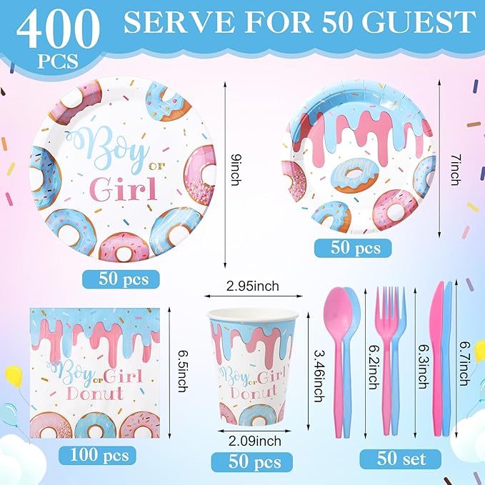 Pickmesh 400 Pcs Donut Themed Gender Reveal Party Supplies Include Boy or Girl Disposable Paper Plates Napkins Cups Cutlery for Blue Pink Gender Reveal Baby Shower Table Decorations Serve 50