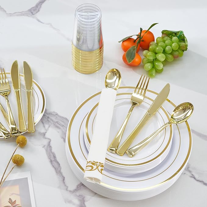 175 Pcs Gold Disposable Plates for 25 Guests, Disposable Plastic Plates, Dinnerware Set Include 25 Dinner Plates, 25 Salad Plates,25 Cups, 25 Paper Napkins for Party, Wedding, New Year