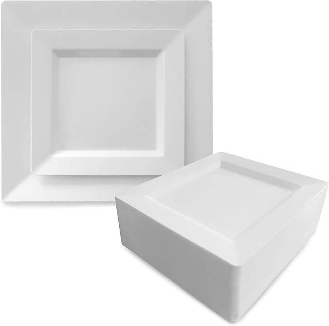Oasis Creations White Square Plates Set 10" - 50 count - Premium Hard White Plastic - Disposable and Reusable - Salad Appetizer Dinner Party Plate Set
