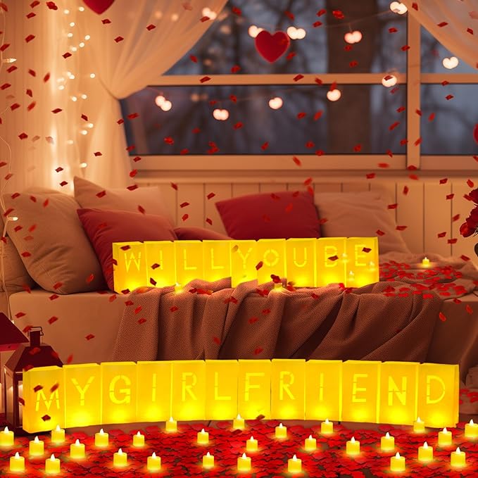 6093 Pcs Will You Be My Girlfriend Light up Letters with LED Flameless Tealight Candle Red Rose Petal Letter Luminary Paper Bag for Valentine's Day Decoration Romantic Special Night Decor