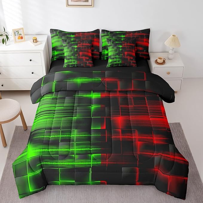 Feelyou Red and Green Comforter Set with Sheets 7 Piece Twin Size Kids Geometric Bed in a Bag Strip Lines Bedding Set Abstract Art Bed Set with Comforter, Sheets,Pillowcases,Cushion Covers