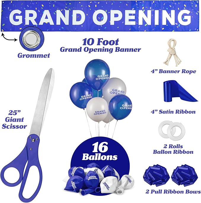 Deluxe Grand Opening Ribbon Cutting Ceremony Kit - 25" Giant Scissors with Blue Satin Ribbon, Banner, Bows, Balloons & More