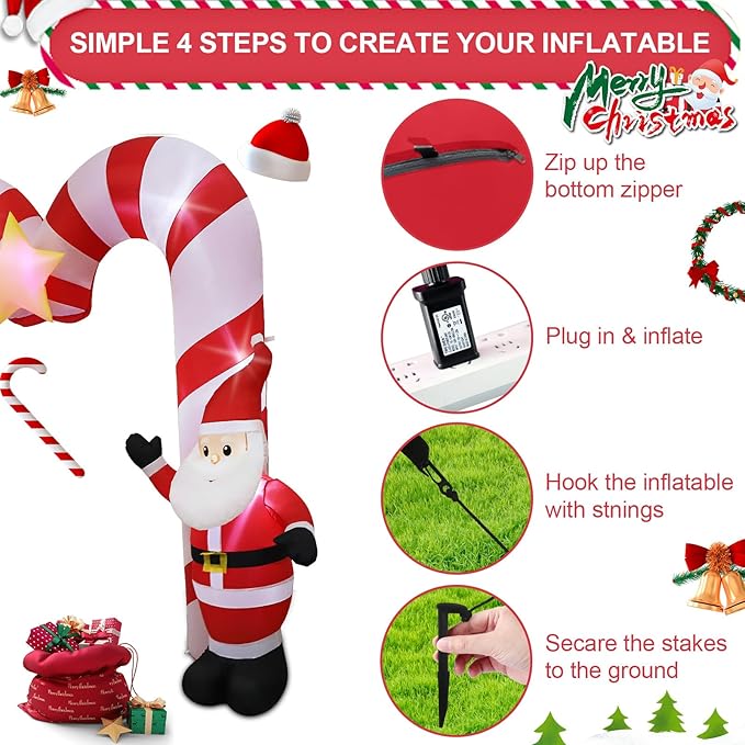 10ft Candy Cane Arched Outdoor Inflatable with LED Lights for Christmas Holiday Party Decoration, Winter Garden Decoration