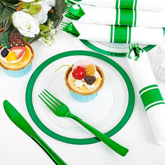I00000 350 Pcs Green Plastic Plates-Clear Dinnerware Set for Party,Include 100 Dinner and Dessert Plates,50 Plastic Cups 9 OZ,50 Per Rolled Napkins with Cutlery for St. Patrick's Day