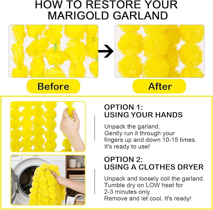 Giegxin 15 Pack Marigold Garland for Decoration 5 ft Long Strands Faux Artificial Marigold Flowers for Dia De Los Muertos Diwali Indian Wedding Party Decorations(Yellow)