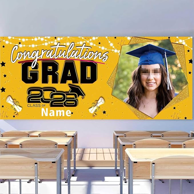 Custom Garaduation Garage Door Banner Cover 16 x 7 ft Class of 2026 Congrats Grad Party Backdrop Personalized Graduation Decoration(Yellow and Black)