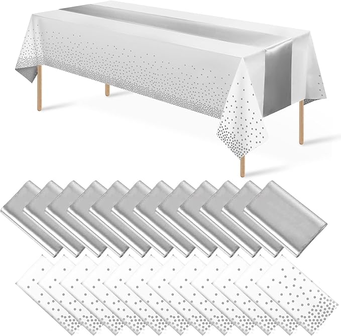 MASHAN 24Pack Disposable Plastic Tablecloths and Satin Table Runner Set White and Silver Dot Tablecloth Silver Satin Table Runner for Wedding Birthday Baby Shower Christmas New Year Party Decorations