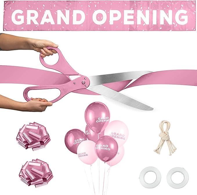 Upper Midland Products Deluxe Grand Opening Ribbon Cutting Ceremony Kit - 25" Giant Scissors, Pink Satin Ribbon, Banner, Bows, Balloons & More