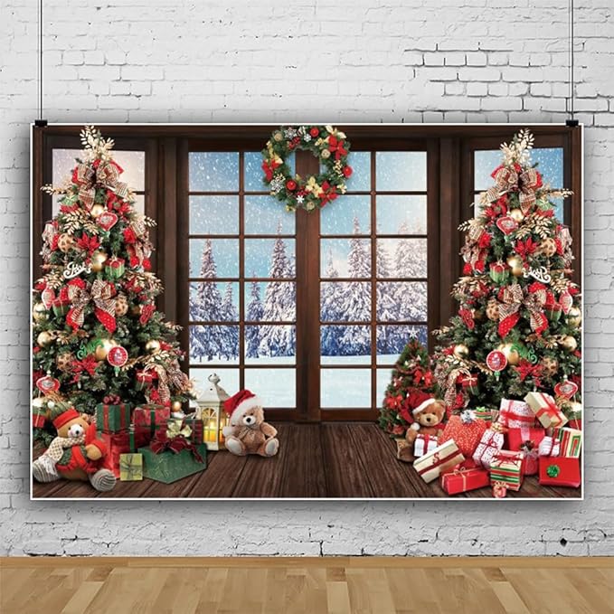 Leowefowa 8x6ft Christmas Backdrop Snow Scenery Nature Forest Christmas Tree Background Winter Vintage Window Merry Festival Family Decor Party Banner Photo Supplies Prop