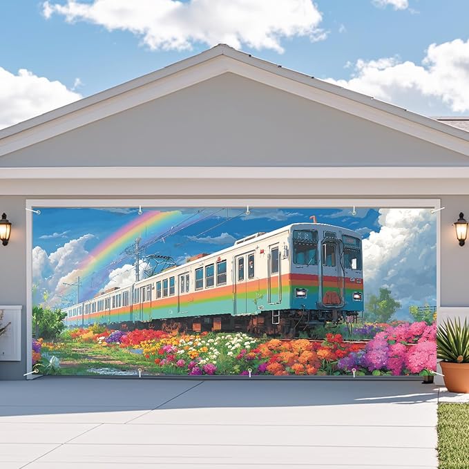 Train in the Spring Flowers Garage Door Banner 7x16FT, Colorful Train & Rainbow Outdoor Decoration for Garage Doors, Front Yard, and Seasonal Parties