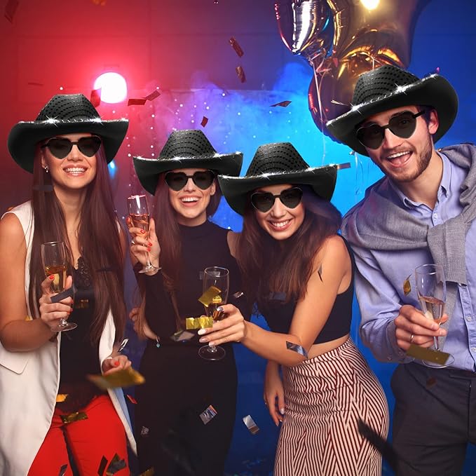 Zhanmai 18 Set LED Cowboy Hat Light Up Glitter Sequin Cowgirl Hat with Sunglasses for Adult Wedding Halloween Costume