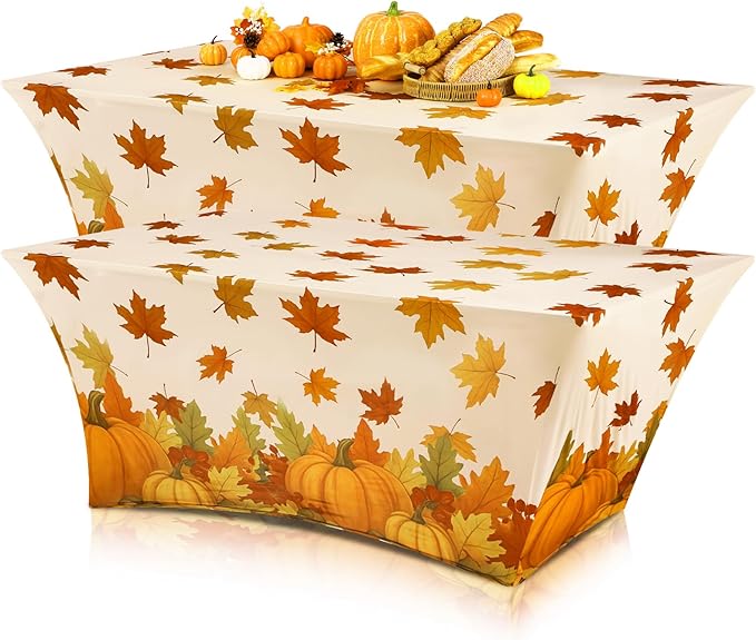 Oudain 2 Pcs Thanksgiving Stretch Table Cover 6 Feet Fall Orange Pumpkin Spandex Table Clothes Autumn Maple Leaf Acorn Party Decorations for Holiday Party Celebration Picnic Dinner Decor