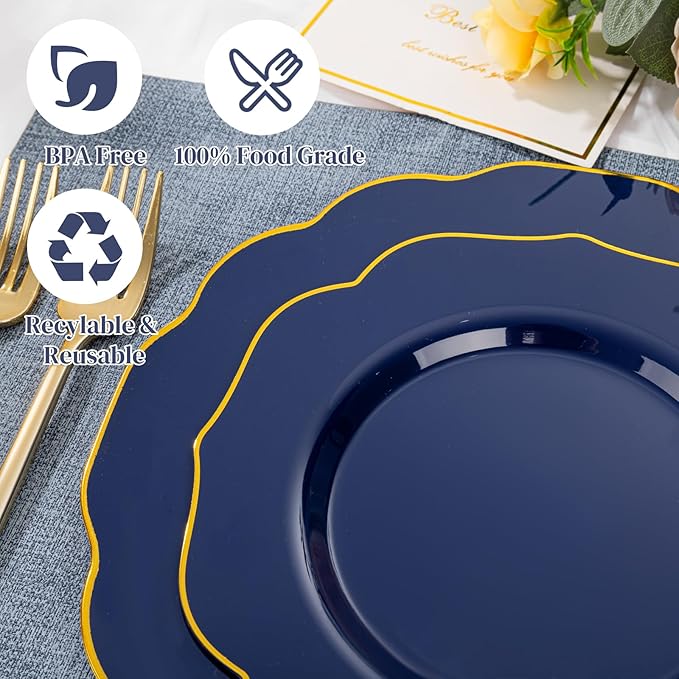 bUCLA 180PCS Blue Plastic Plates - Navy Blue and Gold Rim Disposable Include 30 Each (Dinner & Dessert) Plates, 30 Knives, 30 Forks, 30 Spoons and 30 Cups, Ideal for Party, Gathering and Hanukkah