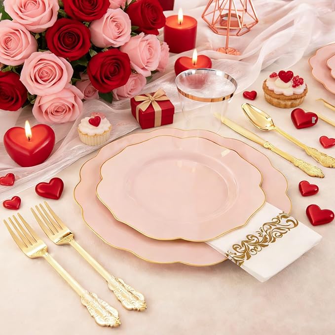 NOCCUR 175PCS Pink Plates with Gold Disposable Silverware - Include 50 Pink Plastic Plates,25 Knives,25 Forks,25 Spoons,25 Cups and 25 Napkins - Ideal for Party/Wedding/Valentines Day