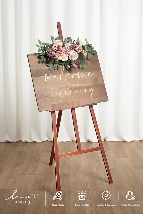 Ling's moment 2pcs Wedding Floral Swag Welcome Sign Artificial Flowers Backdrop Garland Dusty Rose & Mauve Ceremony Reception Wall Home Decorations Entryway Faux Outdoor Board Head Table Decor