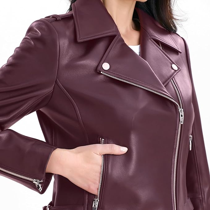 SILVER FASHIONS Lambskin Leather Jacket Women,Motorcycle Jacket,Asymmetrical Zip Style,Buckle Belts,Quilted Details