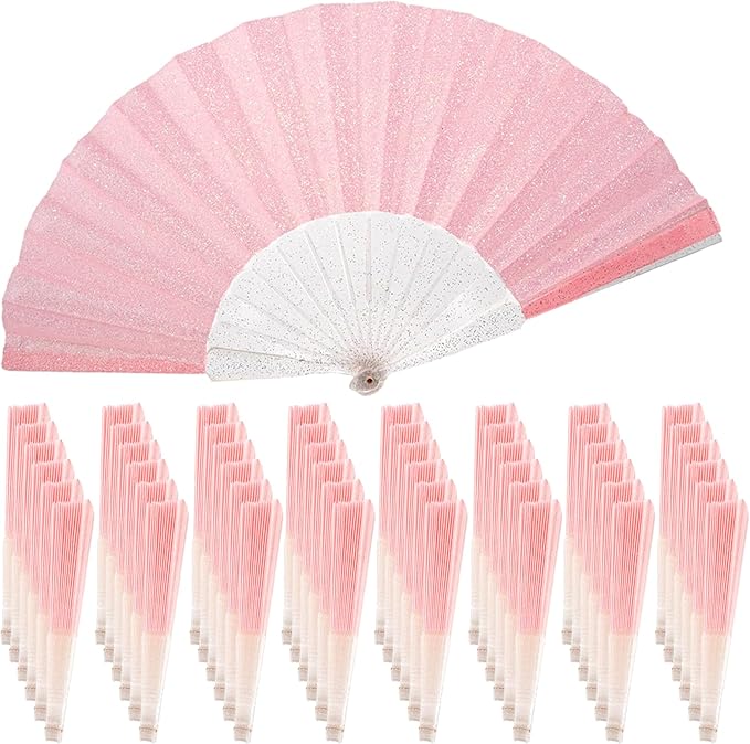 48 Pack Handheld Fan,Folding Hand Glitter fan with Shining Transparent Fan Rib – Ideal for Wedding, Church, Festival, Dance, Tea Party, Club, and EDM Accessories, Pink