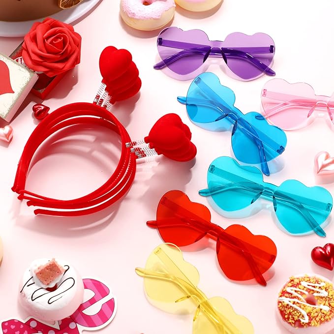 Yunsailing 48 Pcs Valentines Day Heart Headband Boppers and Heart Shape Sunglasses Valentines Accessories Costume Photo Prop(Red, Cute Color)