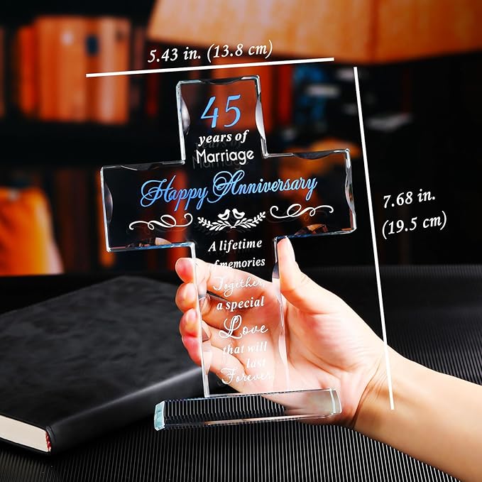 YWHL 45th Anniversary Glass Cross Gift for Parents, 45th Wedding Anniversary Romantic Gifts for Wife Husband, Gifts for Couple Celebrating 45 Years Of Marriage Decorations