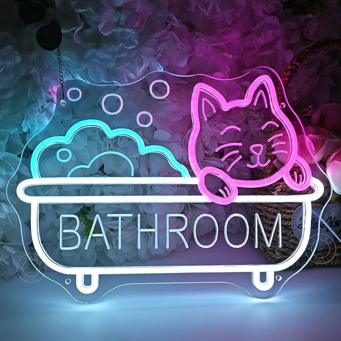 SYLHOME Bathroom Cat Led Neon Light Sign Bath Cat Bathing Home Bathroom Kids Room Funny Wall Sign Decor Birthday Christmas Party 15.75" X 11.4" USB