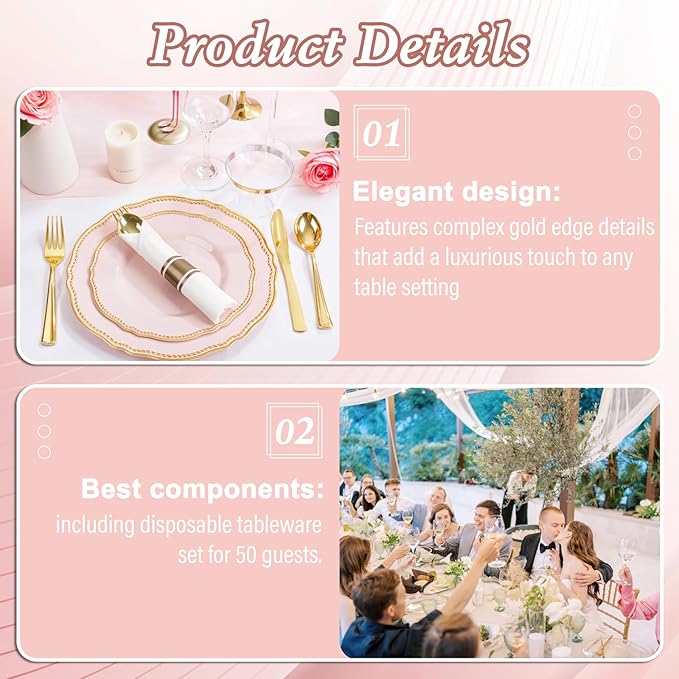 Hioasis 350pcs Pink and gold Plastic Plates - Pink Plastic Dinnerware Set Includes 50 Dinner Plates, 50 Dessert Dinnerware, 50 Cups, 50 Rolled Napkin Cutlery Perfect for Wedding & Party