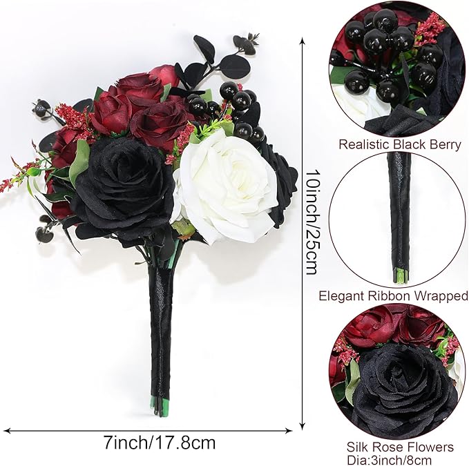 Bridesmaid Bouquets Set of 4 - Gothic Flowers Bouquet for Bridesmaids Halloween Marriage Proposal Party Ceremony Anniversary Dining Table Centerpiece Decor - Black and Red