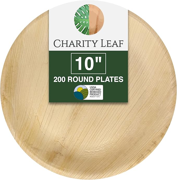 Charity Leaf Disposable Palm Leaf 10" Round Plates (200 pieces) Bamboo Like Serving Platters, Disposable Boards, Eco-Friendly Dinnerware For Weddings, Catering, Events