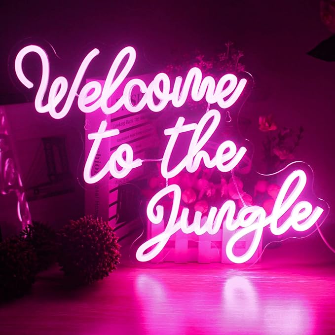Welcome to the Jungle Neon Sign Pink Led Word Neon Light Signs for Wall Decor Usb Letter Light Up Sign for Bedroom Nursery Kids Room Garden Home Wedding Birthday Party Decorations Gifts