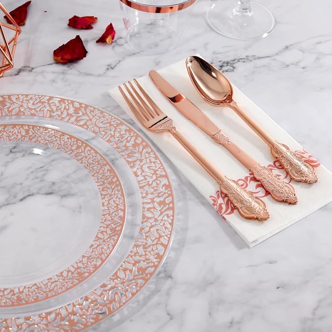I00000 50 Guests Clear Rose Gold Plastic Plates - Disposable Dinnerware Set Includes: 100 Clear Rose Gold Plastic Plates, 150 Silverware, 50 Napkins, 50 Cups Perfect for Valentine's Day & Wedding