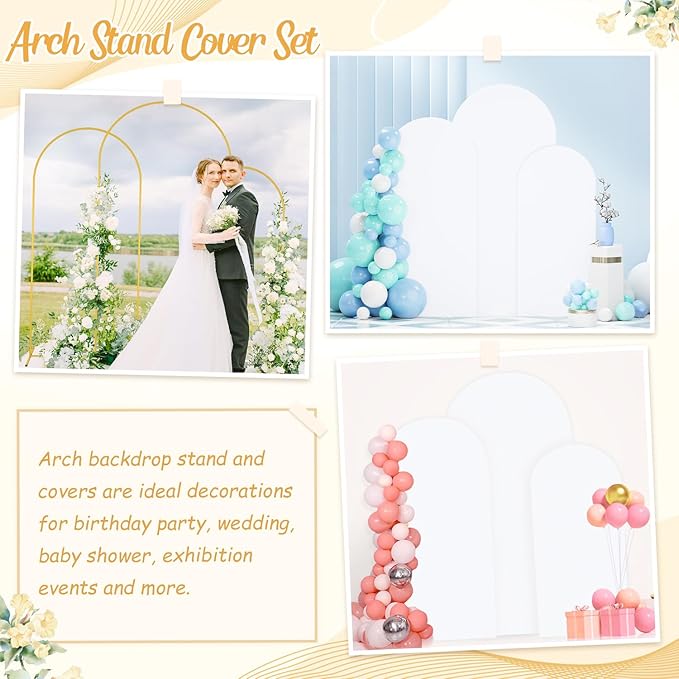 Set of 3 Metal Backdrop Stand with White Spandex Wedding Arch Cover 6FT 5FT 4FT Balloon Arch Stand Frame for Birthday Party Bridal Baby Shower Reception Garden Decorations