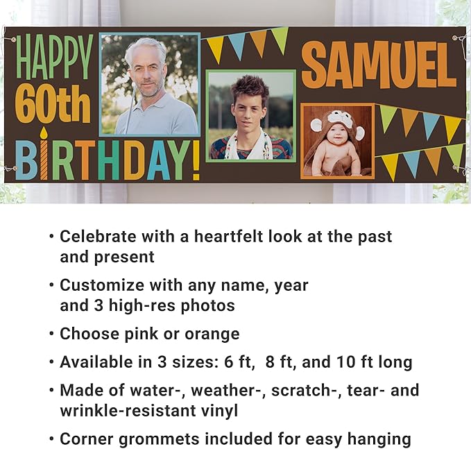Let's Make Memories Personalized Happy Birthday Banner - Customized Celebration Banner - Party Decorations - Indoor/Outdoor Vinyl - Any Text and Photos - Then & Now - Orange - 8ft