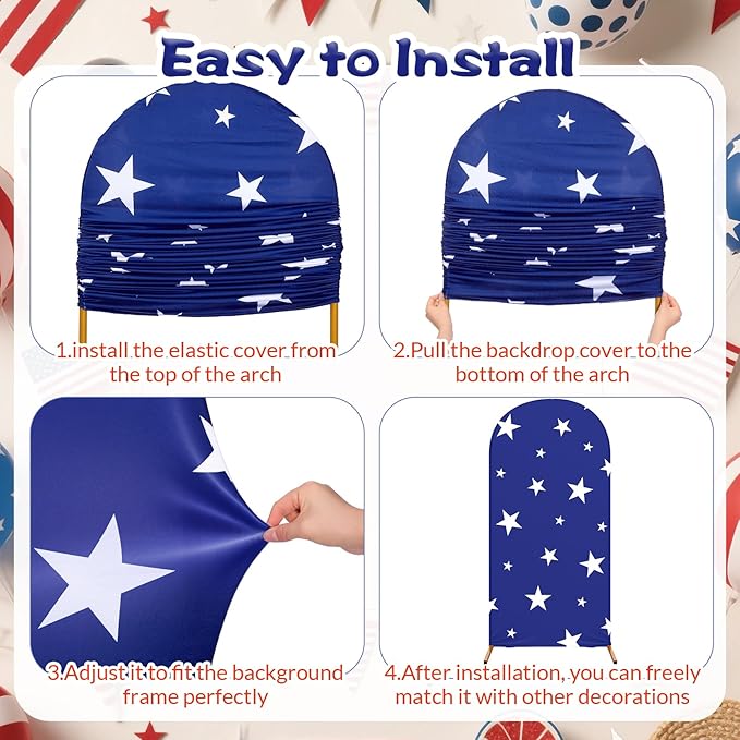 Set of 3 Patriot Day Arch Cover Theme Decoration, Veterans Day Blue and Red Print Arch Cover Stretch Spandex Fitted for Birthday Party, 4ft, 5ft, 6ft(Star)