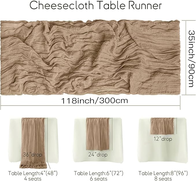 12 Pack Coffee Cheesecloth Table Runner 35 x 118 Inch Gauze Fabric Boho Christmas Table Runner for Wedding Arch, Rustic Bridal Shower, Baby Shower, Party Decorations, Farmhouse Home Decor