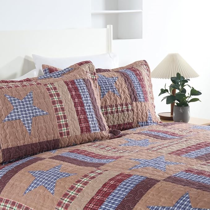 Cotton Bedding Quilt Sets Reversible Patchwork Coverlet Sets All Season Brown Bedspread, Mediterranean Star Pattern, Queen Size