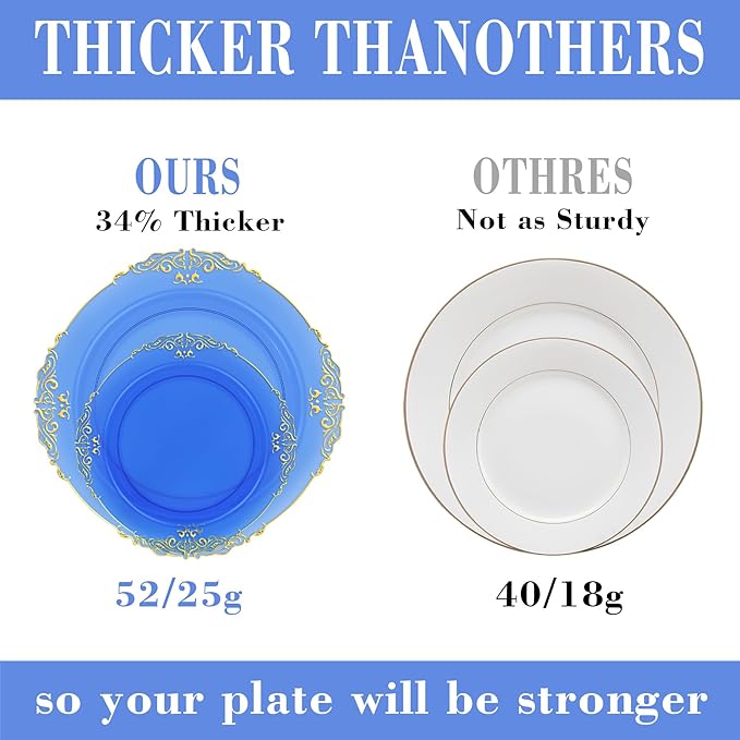 350PCS Gold and Blue Plastic Plates, Gold Plastic Dinnerware Sets for 50 Guests, 100 Disposable Plates, 150 Silverware, 50 Cups, 50 Napkins for Party and Wedding