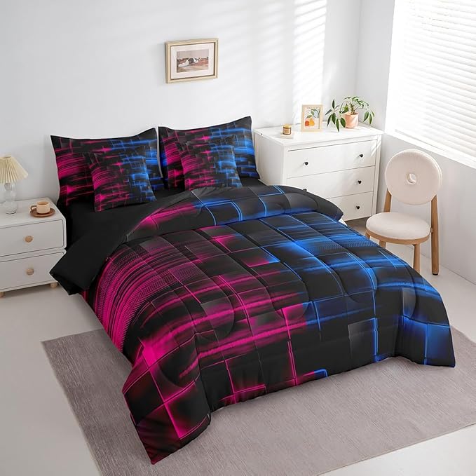 Feelyou Blue and Rose Red Comforter Set with Sheets 7 Piece King Size Kids Geometric Bed in a Bag Strip Lines Bedding Set Abstract Art Bed Set with Comforter, Sheets,Cushion Covers