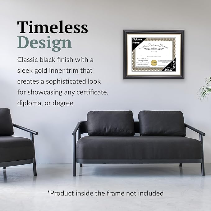 Creative Picture Frames 14" x 17" Rockefeller Black with Gold Rim Diploma Frame, Displays 14" x 17" Certificate or 16" x 20" Document without Mat, College Degree Frame, Full-Strength Glass, White Mat