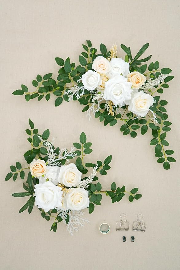 2pcs Champagne & White Deluxe Welcome Sign Artificial Flowers Wedding Backdrop Garland Hanging Floral Arrangements for Ceremony Reception Entryway Board Sweetheart Table