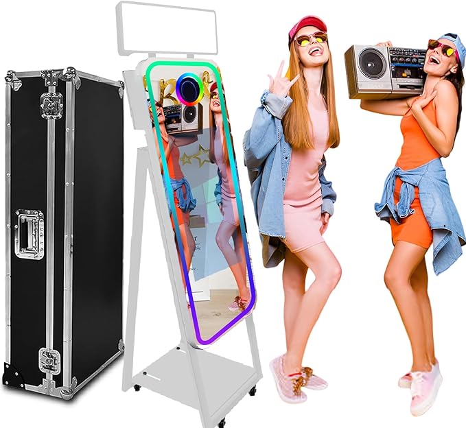 Magic Mirror Photo Booth,Mirror Photo Booth Interactive Touch Screen with Flight Case, Built-in Mini PC with Instant Print and Sharing for Event Party Wedding Rental (White, 21.5''Screen)