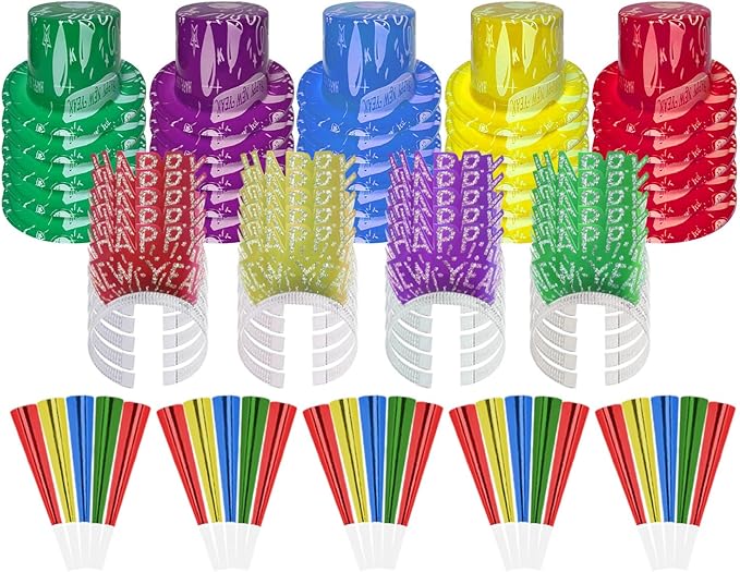 PMU New Year's Eve Party Supplies 2025 Supreme Party Assortment for 50 persons - (Blue, Red, Yellow and Green) New Year Decorations Supplies, Outfits for Adults, Men and Women (50/psn) Pkg/1