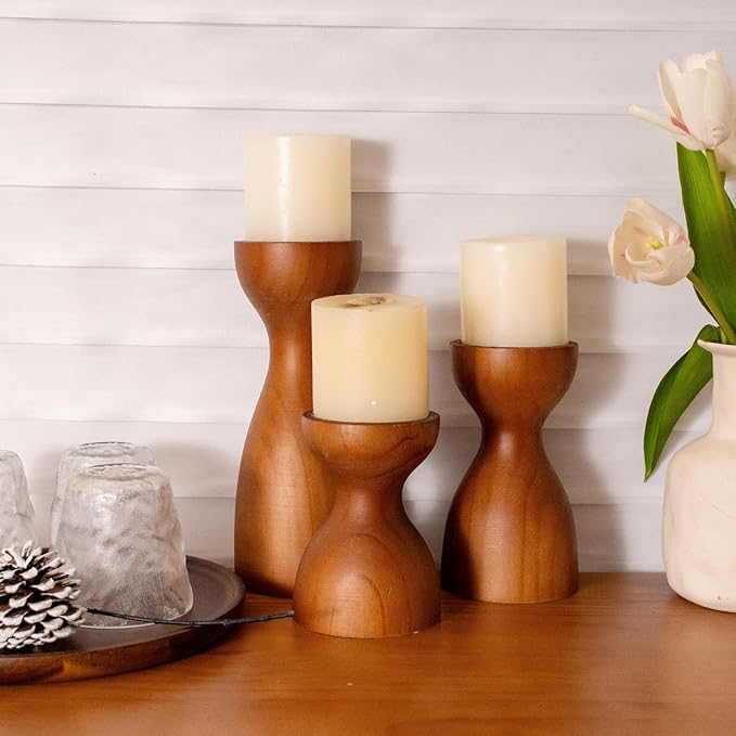 Set of 3 Farmhouse Wooden Candle Holders for Pillar Candles, Brown Rustic Wood Pillar Candle Stands Table Centerpiece Decor for Fireplace, Living, and Dining Room