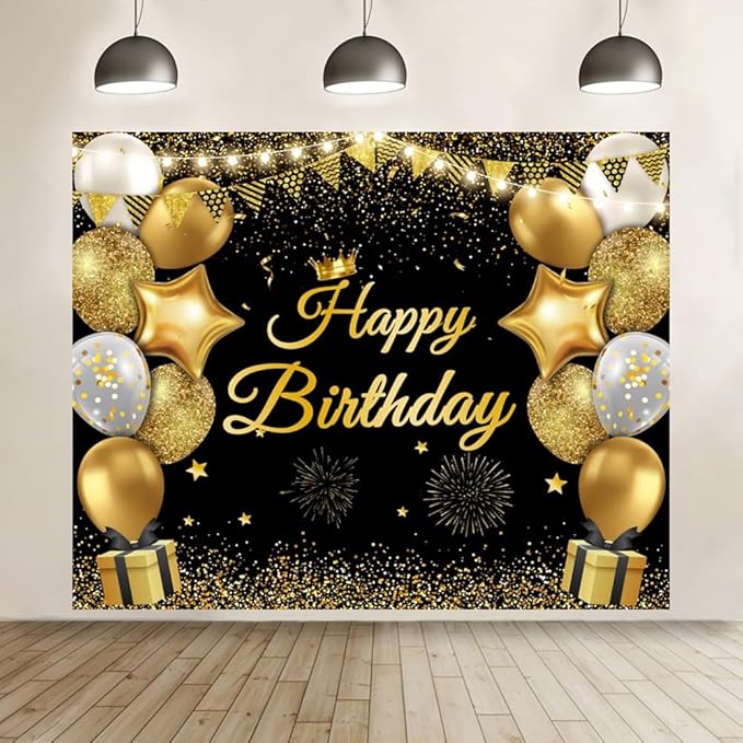 Chloroplastid 10x8ft Happy Birthday Backdrop Banner for Men Women Boys Girls Black and Gold Balloons Birthday Backdrop for Kids Children Birthday Party Background Decorations