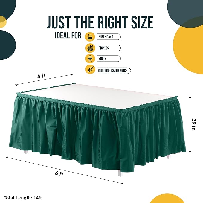 Exquisite Ruffle Table Skirt Dark Green 48 Pack 14 Ft Long Table Skirts for Rectangle Tables 6ft Plus or Round Tables Skirts with Adhesive Strip for Gender Reveal Decor & Happy Birthday Parties