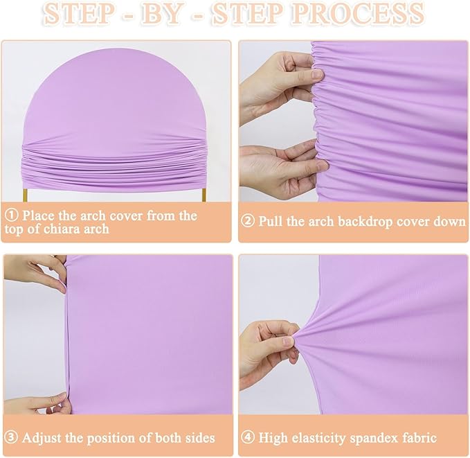7.2 FT Wedding Arch Backdrop Stand and Arch Cover Gold Metal Arched Backdrop Frame Stand with Lilac Spandex Arches Covers Stretchy Backdrops for Birthday Baby Shower Party Ceremony Decor