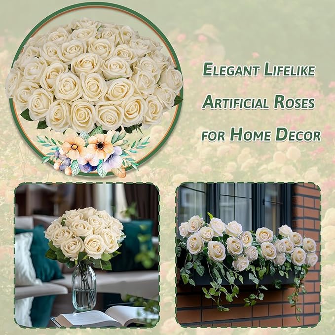 100 PCS Fake Champagne Roses, Artificial Champagne Flowers Bulk Realistic Silk Faux Rose with Stems for Wedding Decoration Anniversary Bridal Bouquet DIY Floral Arrangement Romantic Home Decor Gifts