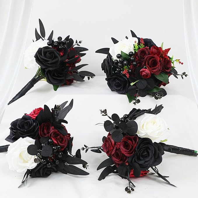 Bridesmaid Bouquets Set of 6 - Gothic Flowers Bouquet for Bridesmaids Halloween Marriage Proposal Party Ceremony Anniversary Dining Table Centerpiece Decor - Black and Red