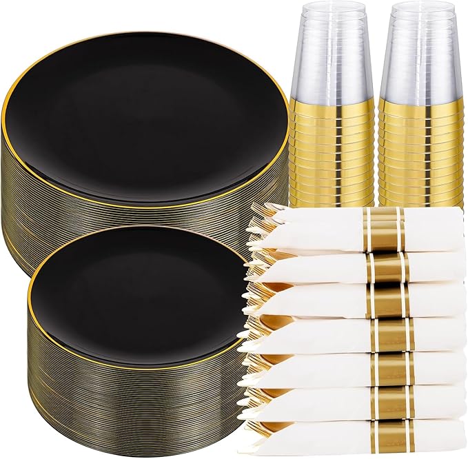 KIRE 350 PCS Plastic Dinnerware Set for 50 Guests - Black and Gold Plates 50 for Dinner 50 for Dessert & 50 Pre Rolled Napkins with Disposable Silverware 50 Cups for New Year/Banquet/Wedding