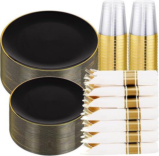 KIRE 350 PCS Plastic Dinnerware Set for 50 Guests - Black and Gold Plates 50 for Dinner 50 for Dessert & 50 Pre Rolled Napkins with Disposable Silverware 50 Cups for New Year/Banquet/Wedding